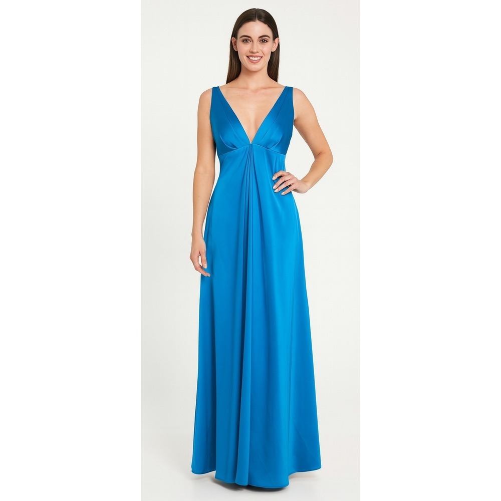 NW Collection Peacock Blue Satin Maxi Dress Prom Formal Evening Gown Deep V-Neck